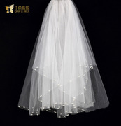 千色 新娘头纱韩式2022短款婚纱超长白色珍珠多层结婚幻月