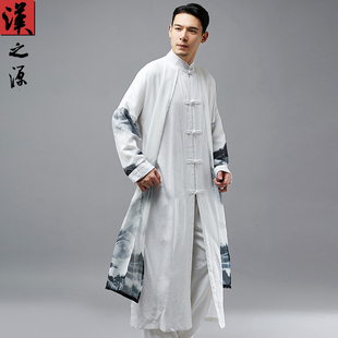 假两件棉麻长衫上衣古风男装，立领中式唐装，演出长袍中国风禅意汉服