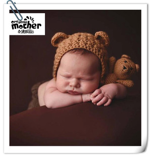 新生儿摄影道具小熊帽子玩偶影楼宝宝，满月照卡通帽玩具婴儿月子照