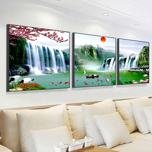 客厅装饰画三联沙发背景墙壁挂，画高档冰晶玻璃，流水生财山水风景画