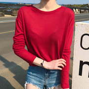 韩国东大门女装秋天轻薄舒适糖果红色，长袖打底衫，圆领休闲宽松t恤