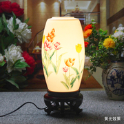 景德镇陶瓷灯具青花粉彩薄胎腰鼓，台灯卧室床头现代中式实木竹台灯