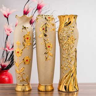 60cm落地陶瓷大花瓶，欧式花瓶摆件大号客厅，电视柜玄关金色插花