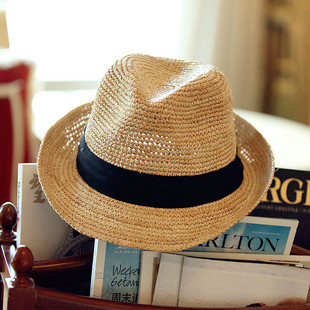 拉菲草帽男女通用日韩版，礼帽春夏海边沙滩帽，英伦百搭爵士帽遮阳帽