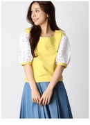 7折日本BE RADIANCE春夏刺绣蕾丝五分袖小方领黄色T恤女上衣