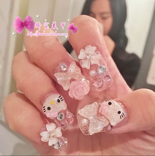 娇宝KT猫手工日系新娘假指甲美甲贴片成品可爱手指甲孕妇儿童可用