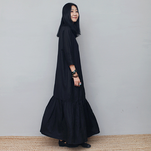 姜欢j&h原创设计春夏款黑色亚麻，插肩袖长款压褶下摆连衣裙
