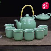 龙泉青瓷茶具套装大号提梁壶茶具一壶六杯大容量整套哥窑裂纹茶具