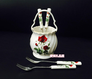韩国进口骨瓷不锈钢结婚礼物，咖啡勺甜品，勺水果叉套装花篮5p红玫瑰
