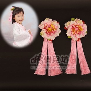 粉色珠花头饰儿童汉服，仙女装配饰古装花朵，流苏发夹儿童摄影配饰