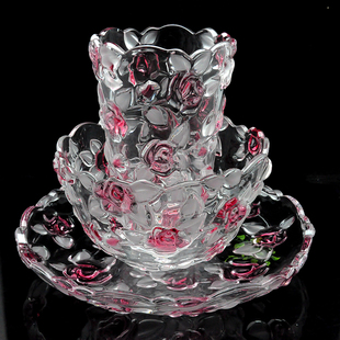 红玫瑰花水晶玻璃水果盘果斗糖缸花瓶套装糖果罐，新婚乔迁礼物实用