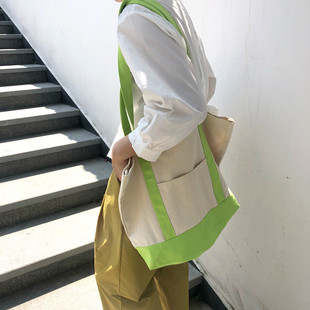 2019夏日荧光绿特别色托特包大容量单肩帆布袋 女折叠购物袋