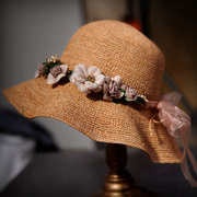 手勾拉菲草帽女士韩版大檐帽太阳帽遮阳防晒夏季遮阳沙滩帽子花朵