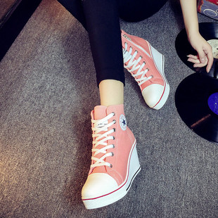 韩国ulzzang坡跟帆布鞋8厘米，高跟韩版拉链，系带高帮内增高休闲女鞋