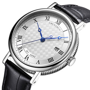 手表超薄男士真皮手表防水商务5177手表蓝宝石玻璃
