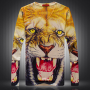 创意个性3D动物头像大老虎图案印花上衣 非主流时尚男士V领t恤衫