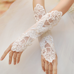 韩式简约珍珠长款婚礼结婚手套，新娘白色红色，蕾丝婚纱配饰薄款通用