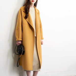 黄色茧型长款双面呢羊毛毛呢呢子外套，韩版中长款双面羊绒大衣女