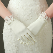 欧美结婚新娘婚纱礼服晚宴手套蕾丝边白色薄纱缎面短款弹力缎面手