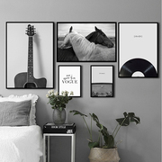 北欧简约现代装饰画照片墙，黑白吉他音乐创意壁画，唱片组合墙画挂画