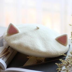韩版亲子画家帽手工创意可爱萌系儿童秋冬帽子羊毛毡猫耳朵贝雷帽