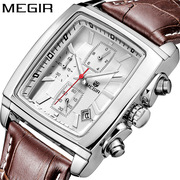 美格尔MEGIR男士时装运动多功能石英防水皮带大表盘时尚方形手表