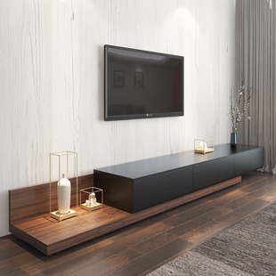 北欧电视柜茶几黑胡桃木色可伸缩电视机柜现代简约实木多层地柜