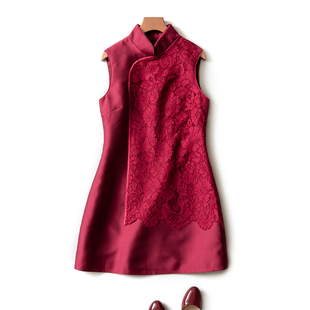 2018春夏中式改良a字立领蕾丝大红色拼接旗袍，连身裙背心裙