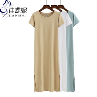 夏季韩版圆领修身加长款开叉，纯棉短袖体恤，纯色连衣裙女装t恤