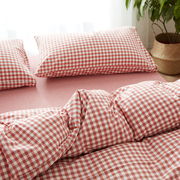 全棉日式简约纯色水洗棉四件套纯棉格子素色被套床笠床单床上