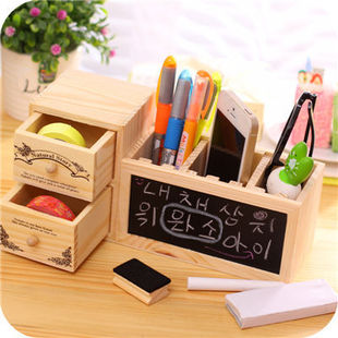 韩版创意diy双层铅笔筒，文具盒木质带黑板抽屉式书桌面饰物收纳盒