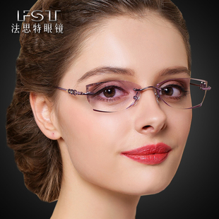 配近视眼镜成品无框眼镜架女纯钛眼镜框潮钻石切边眼镜变色近视镜