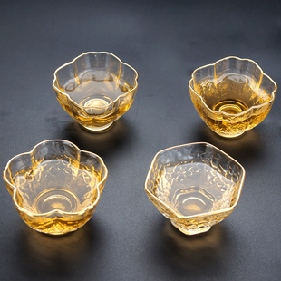 日式六角金边品茗杯耐热玻璃，锤目纹小茶杯功夫，茶具水晶金线杯