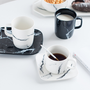 日式大理石纹黑白色陶瓷杯，马克杯茶杯随手杯咖啡杯碟水杯杯子