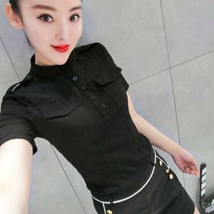 2024年短袖衬衫女春季韩版修身显瘦黑色时尚小衫衬衣洋气上衣