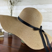 帽子女夏天沙滩帽海边渡假帽蝴蝶结，飘带遮阳帽女防晒草帽可折叠