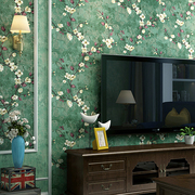 美式田园墙纸卧室复古怀旧乡村，风格墨绿色客厅，ab版电视背景墙壁纸