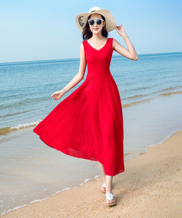 雪纺连衣裙2023夏季无袖，波西米亚长裙，优雅时尚海边度假沙滩裙气质