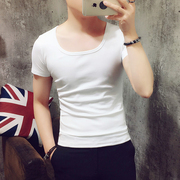 夏季男士纯色圆领t恤修身白色，短袖韩版潮流青少年低领打底衫半袖