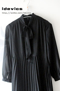 vintage日本古着黑色，通勤气质雪纺衬衫长袖，连衣裙长裙百褶裙摆