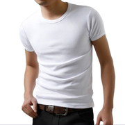 夏季男士韩版圆领短袖t恤纯棉紧身弹力，修身打底衫纯色体恤男