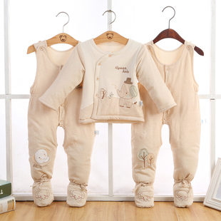 秋冬新生儿婴儿棉衣套装加厚01岁宝宝冬季衣服，纯棉袄背带裤三件套
