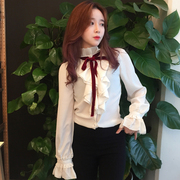 韩国仙女范宫廷风白色蝴蝶结立领衬衫女长袖荷叶边上衣打底衫