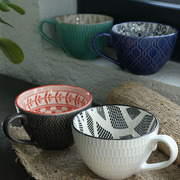 北欧印花陶瓷马克杯创意个性咖啡，大容量浮雕粉红色，早餐麦片牛奶杯