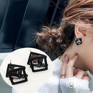 韩国纯银针几何四方形水晶耳钉，时尚简约黑色，四方框耳环耳饰女
