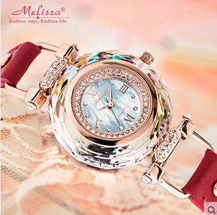 melissa玛丽莎手表，时尚女表真皮带，炫彩水晶优雅手表潮