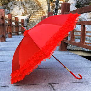 红色蕾丝花边新娘伞，结婚红伞婚庆大红色长柄，伞婚礼出嫁红雨伞婚伞