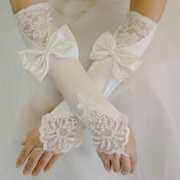 白色缎蕾丝新娘手套结婚露指红色婚纱手套长款婚礼服手套秋冬季女