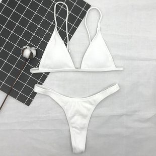 黑白纯色欧美性感比基尼泳装针织吊带三点式丁字裤聚拢分体bikini