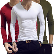男士长袖t恤v领韩版修身纯色，打底衫秋装白色，上衣衣服男装春秋款